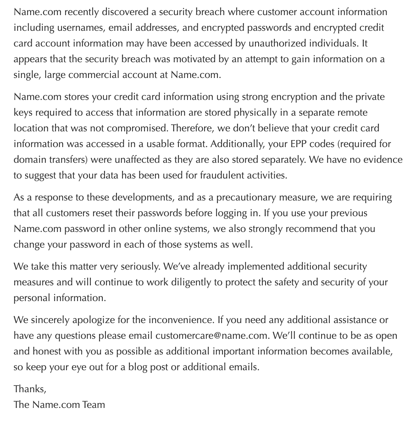 Name.com letter to customers on comprompise